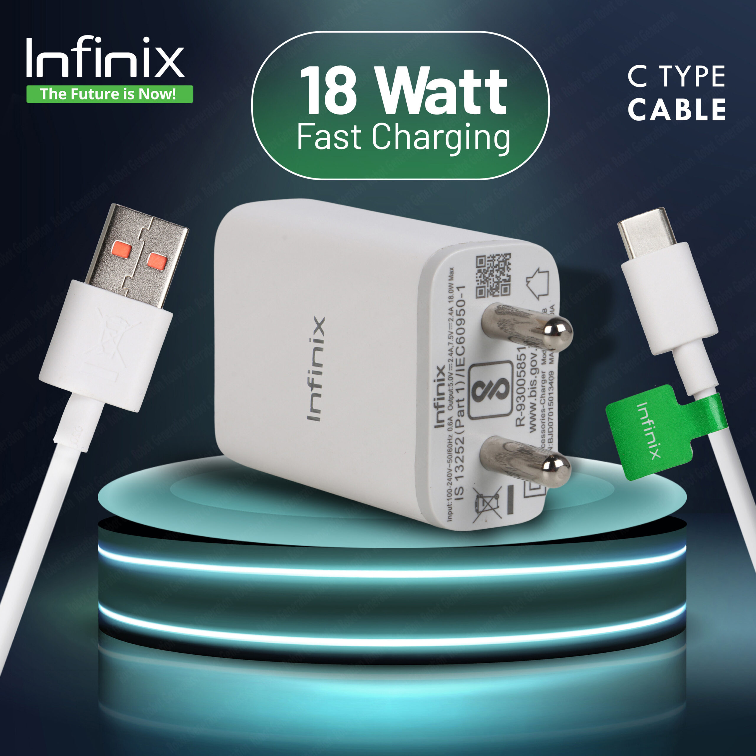 Infinix 18 W Quick Charge 2 A Wall Charger for Mobile (White, C-Type, Cable Included)